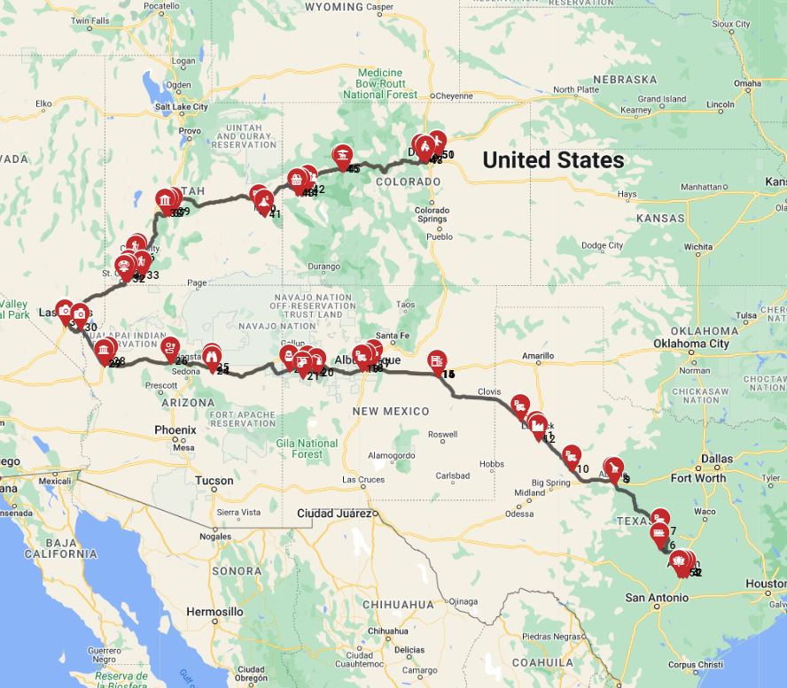Map for Austin to Denver- through Las Vegas